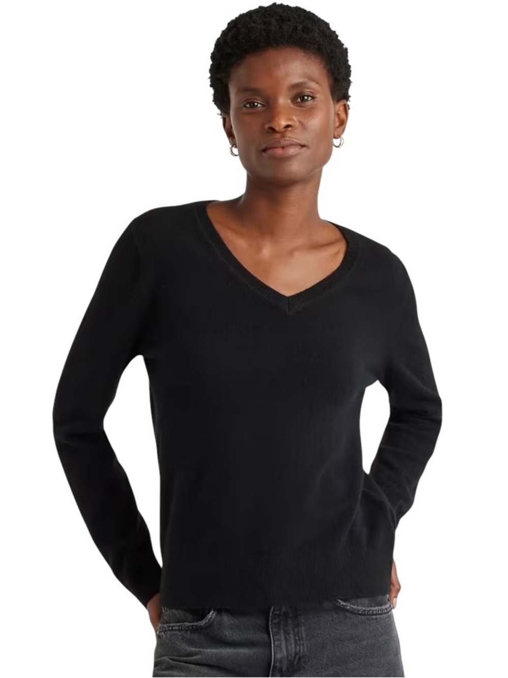 Quince Black 100% Mongolian cashmere V-Neck Sweater ribbed hems size small